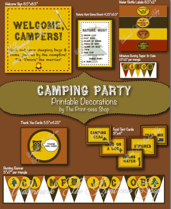 Camping Party Printable Decoration Pack Personalized, Custom in PDF Format Il_570xn