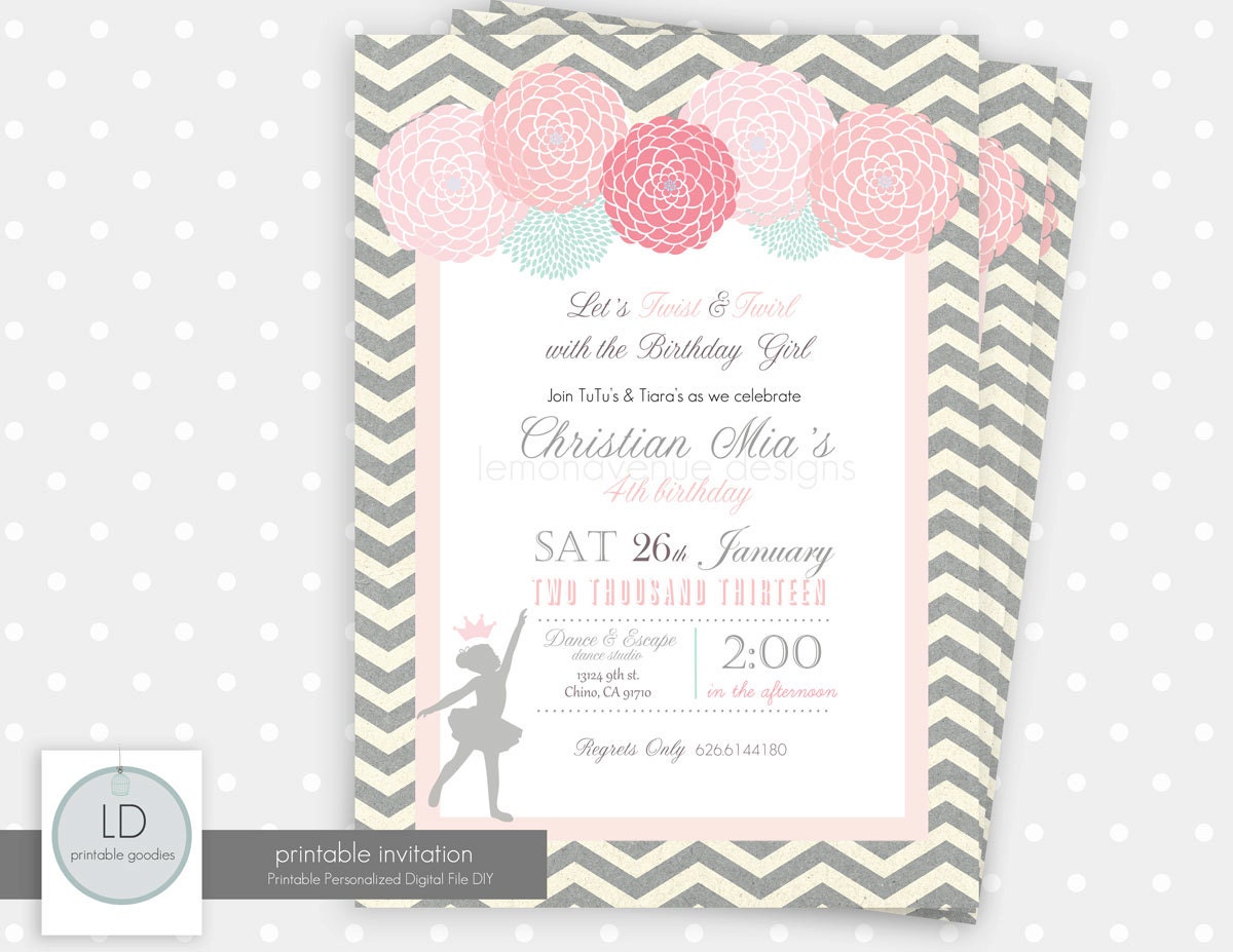 Ballerina Invitation - shabby chic, pink, princess, crown, chevron grey, ballet, baby shower - you print Il_570xn