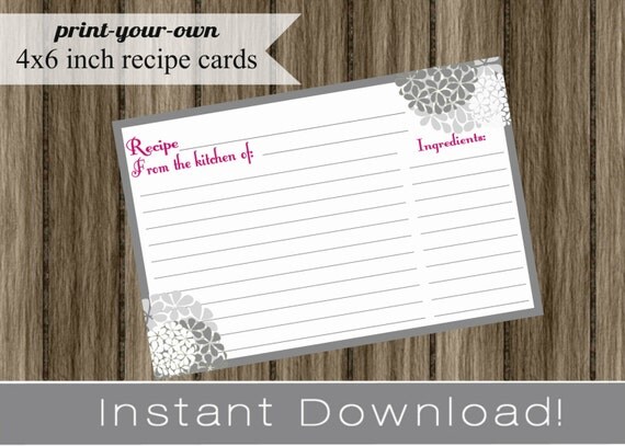 Printable Recipe Cards DIY fuchsia and gray hydrangeas INSTANT DOWNLOAD digital Print Your Own 4x6 Il_570xn