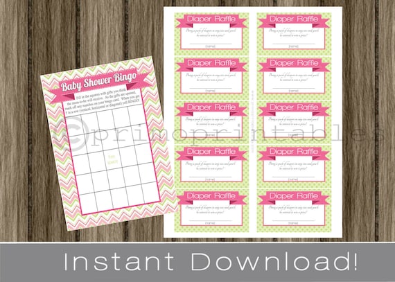 Baby Shower Bingo Game Cards and Diaper Raffle Tickets pink chevron and green INSTANT DOWNLOAD diy digital printable file Il_570xn