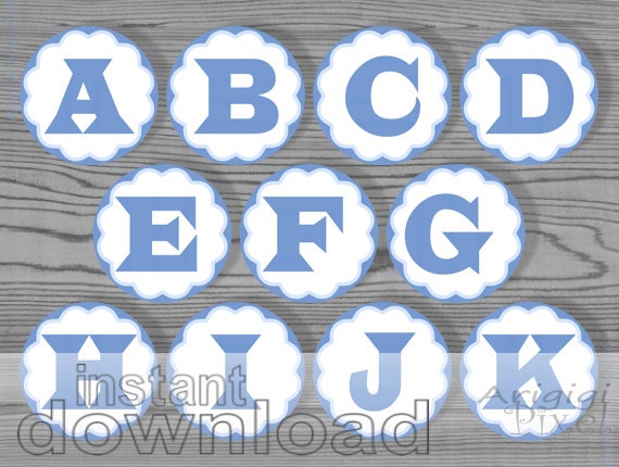 blue printable alphabet circle, party circle 2 1/2 in, number, letter, for DIY favor bag, cupcake topper, table number, instant download Il_570xn