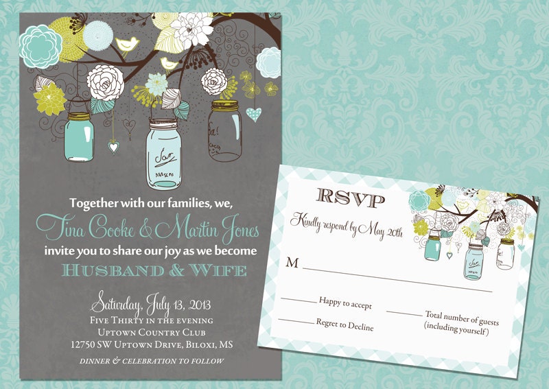 Rustic Mason Jar Floral Branch Wedding Set - Invitation and RSVP Card - Printable Il_570xn