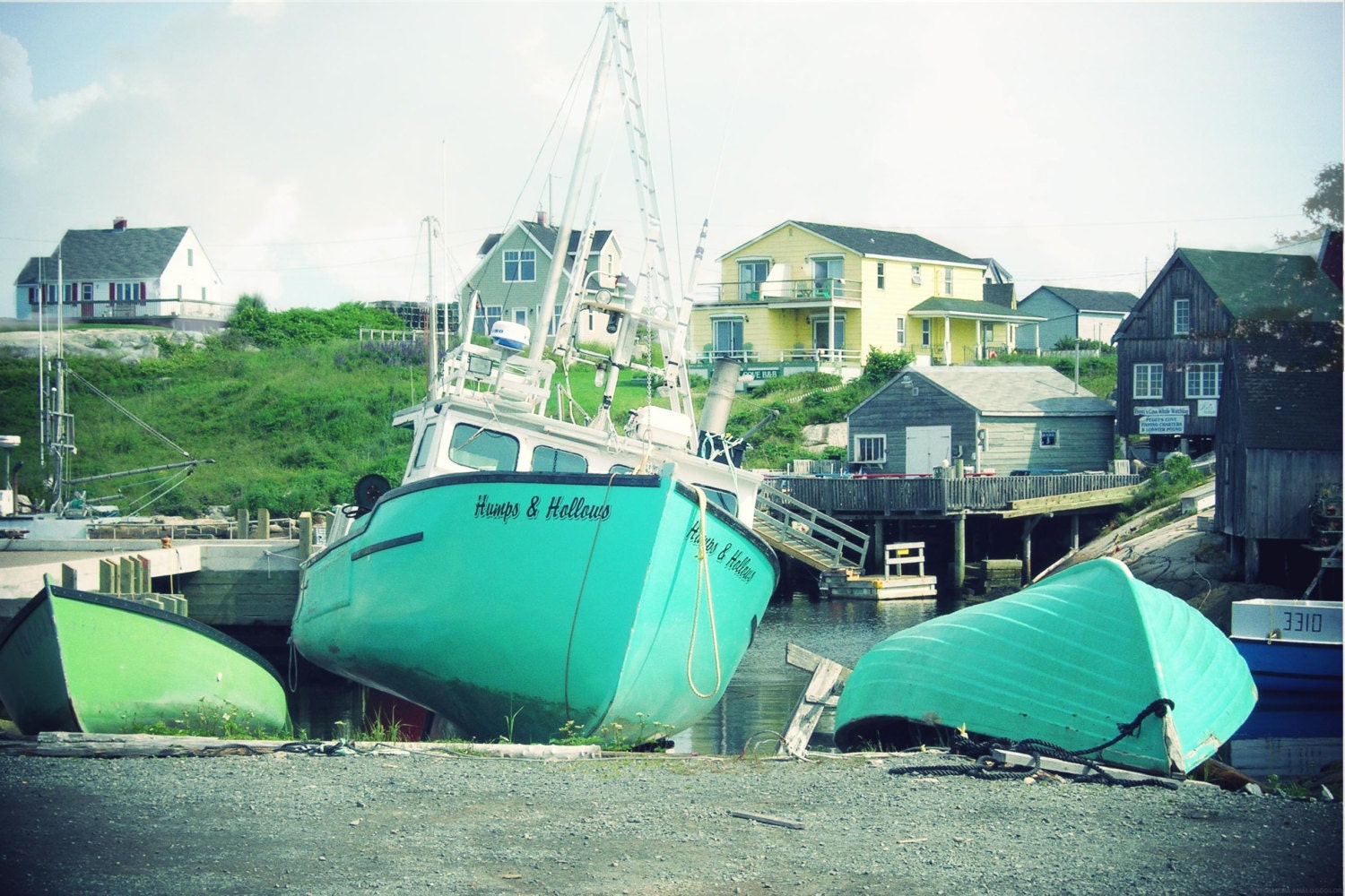 Photo Print - Turquoise Seaside Boats and Yellow Buildings - CapeCodPhoto