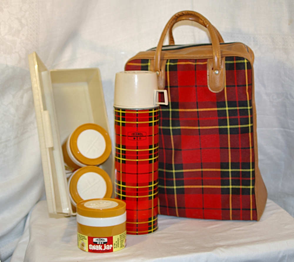 70's Vintage Thermos Lunch Kit with Red Plaid Bag by KickassStyle