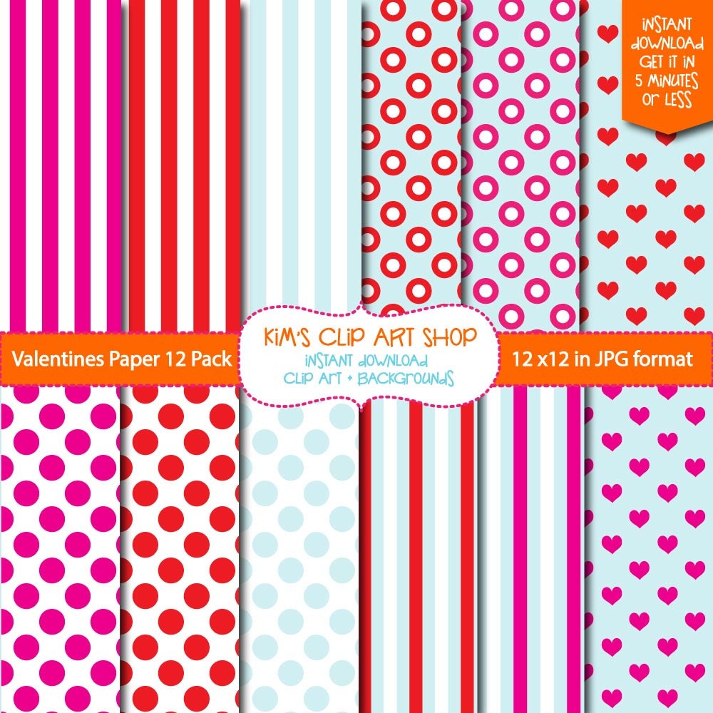 Valentines Day Digital Paper Pack 12x12 scrapbooking papers, Valentines Day papers, background papers, polka dot, hearts, stripes Il_170x135