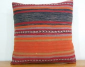 Bohemian Wool Turkish Kilim Pillow Cover Orange Throw Pillow Orange Pillow Cover Orange Decorative Pillow Country Pillow country home decor