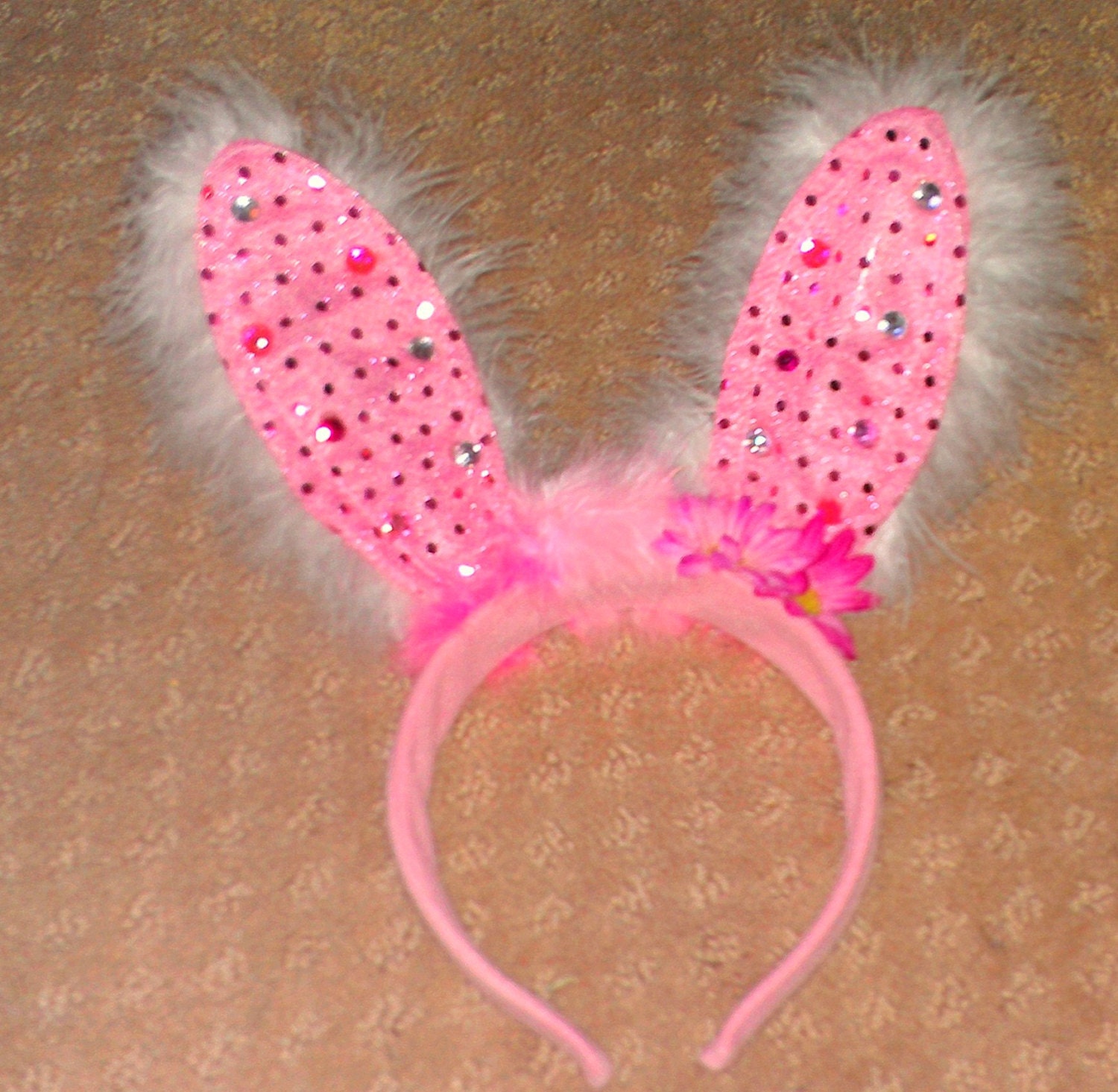 Custom Light Up Bunny Ears -Rave/Costume Headband -Faux Fur/ Rhinestones/ and Daisy Flowers