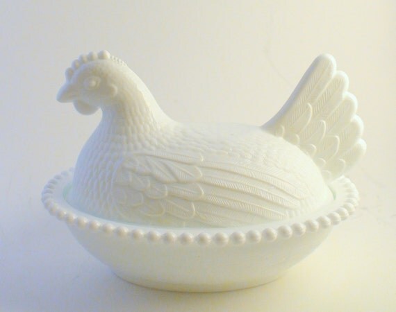 Milk Glass Nesting Chicken Dish Reserved for by BlackberryMarket