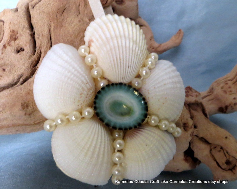 White shell floral ornament with turquoise limpet shell center - CarmelasCoastalCraft