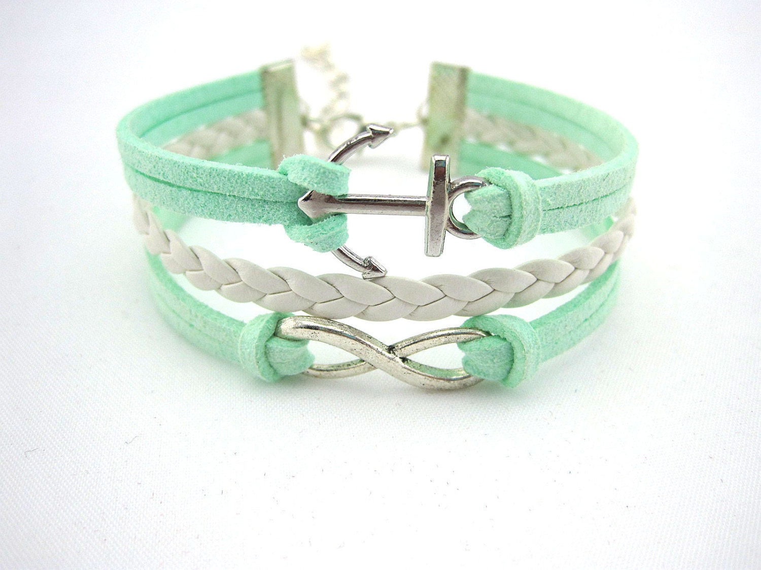 Bracelet, anchor bracelet, infinity bracelets, mint green bracelet, gift bracelet, wax line bracelets, silver, boyfriend, girlfriend.B6