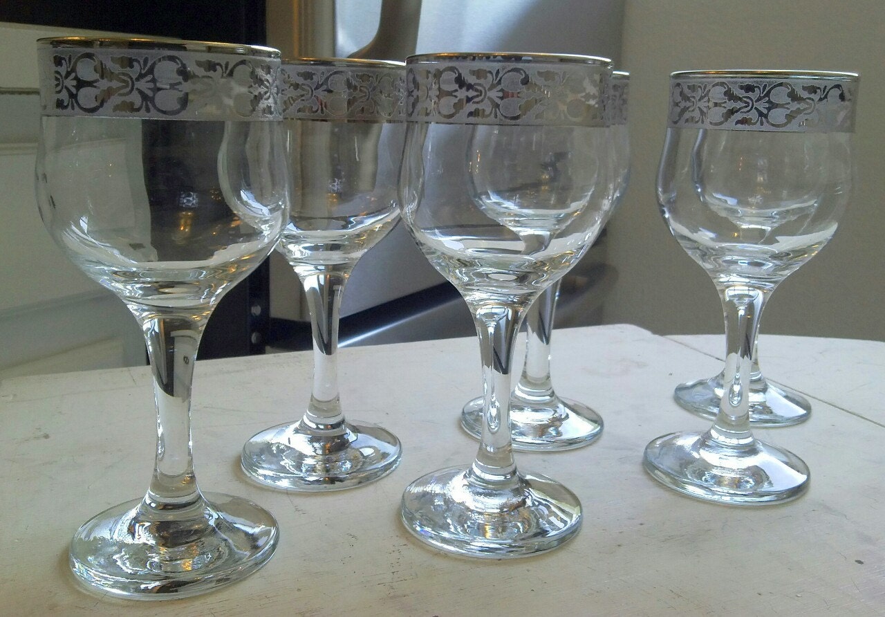 Vintage Wine Glasses Silver Rim Set 6 Mid Century By Regencymod 6250