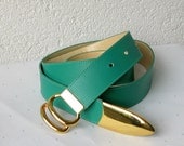 Womens green leather belt skinny genuine leather belt  80s - DamovFashion