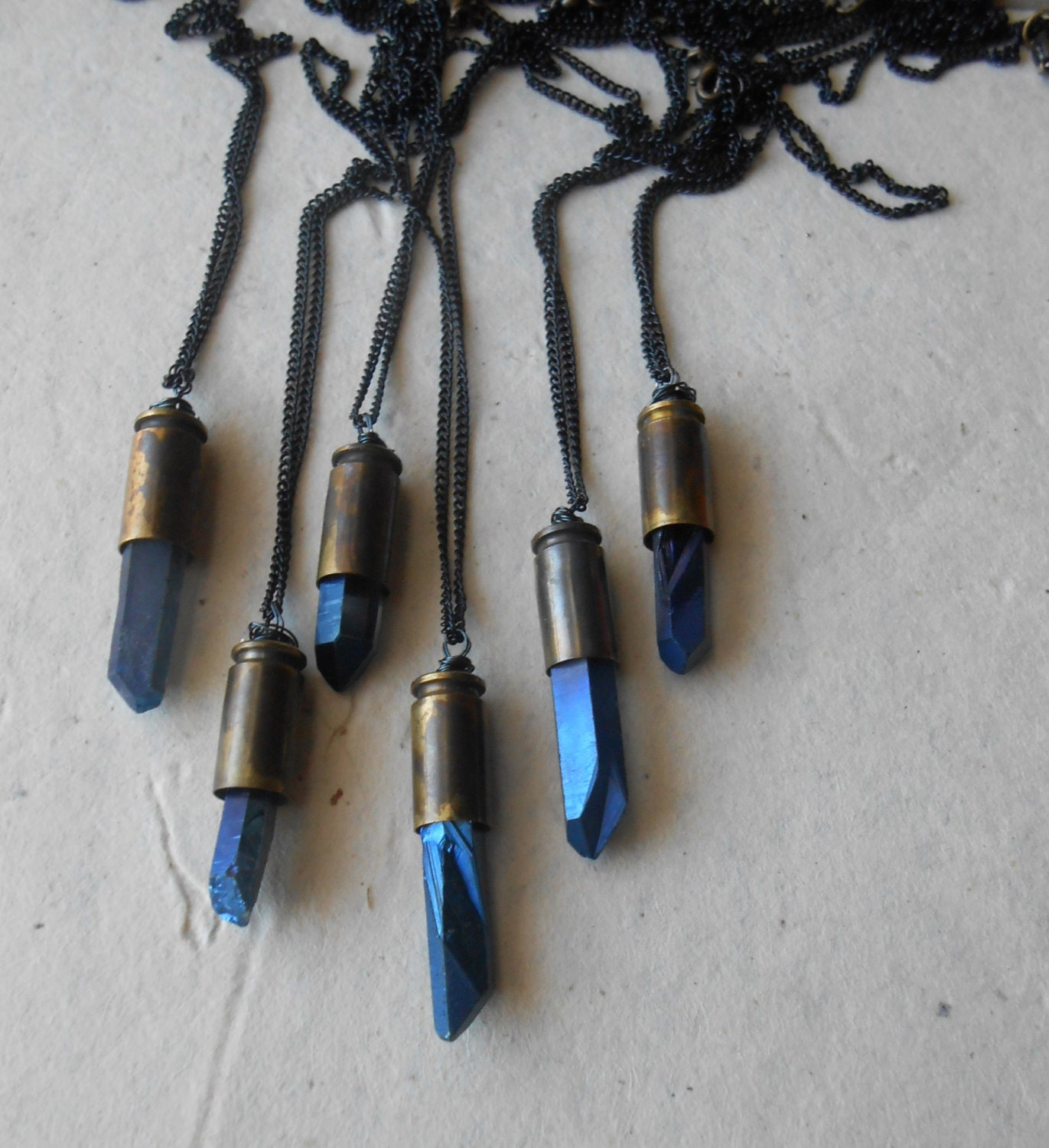 edgy electric neon blue titanium organic crystal prism in brass aged oxidized bullet pendant necklace