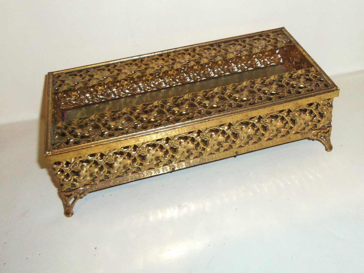 Vintage Tissue Box Cover Metal Ornulu Filigree Gold by Avaricia