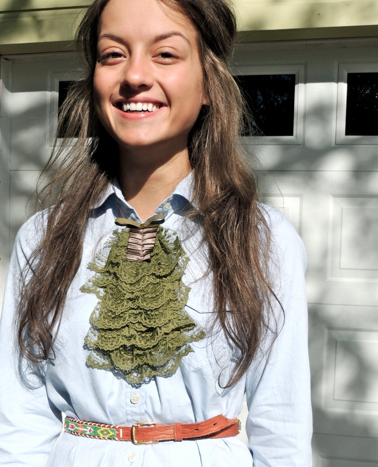 Women's Shirt Ruffle, Lace, Green with Satin Pleating and Bow, On a Pinback for Women and Girls Modern Urban Fashion