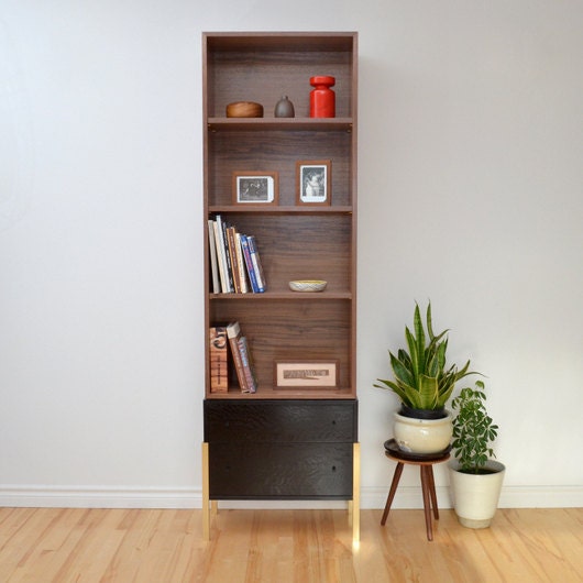 Bookcase walnut oak Bookshelf brass legs by tealandgold on Etsy
