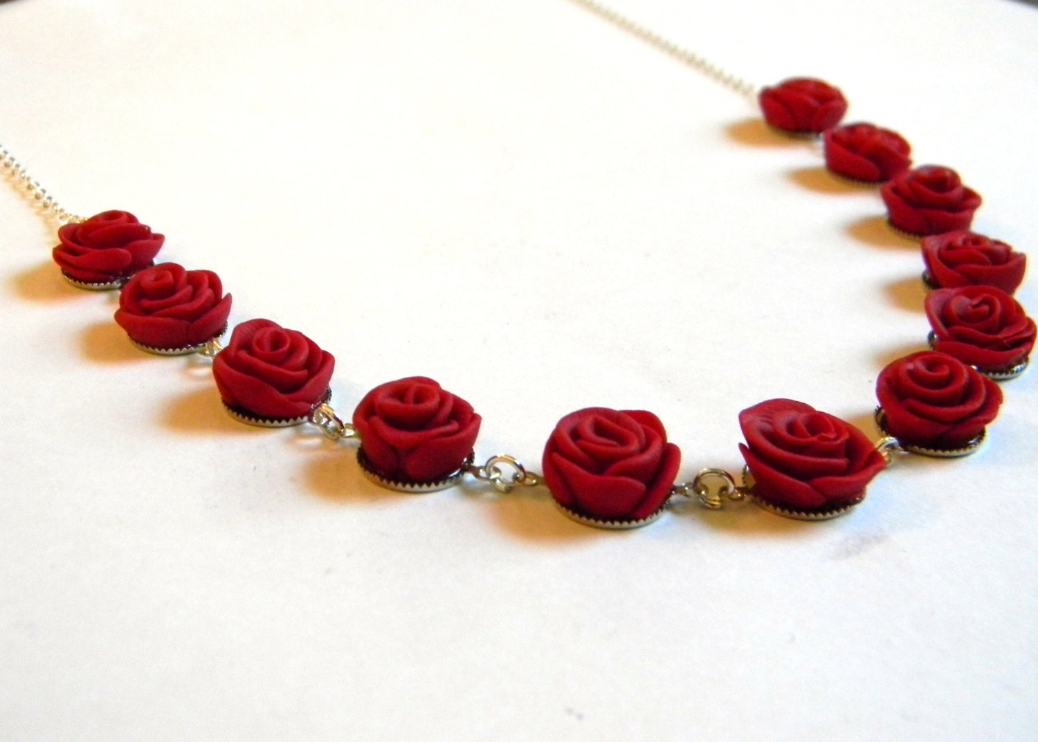 Valentines Day Jewelry - A Dozen Red Rose Link Necklace - Handmade Polymer Clay Flower Jewelry - Unique - Any Color - Gifts Under 20, 30 - SammysBeadworks