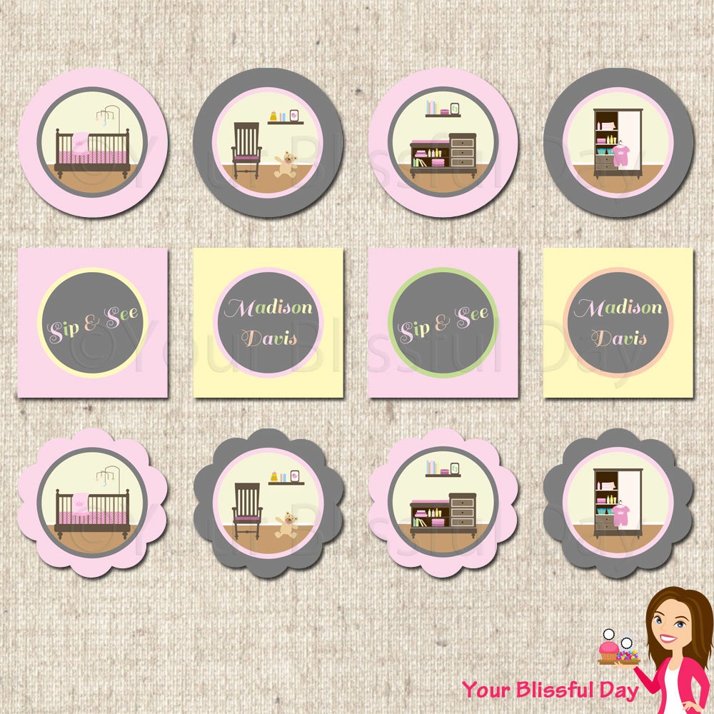 PRINTABLE Personalized Sip & See Baby Girl Party Circles Il_570xn