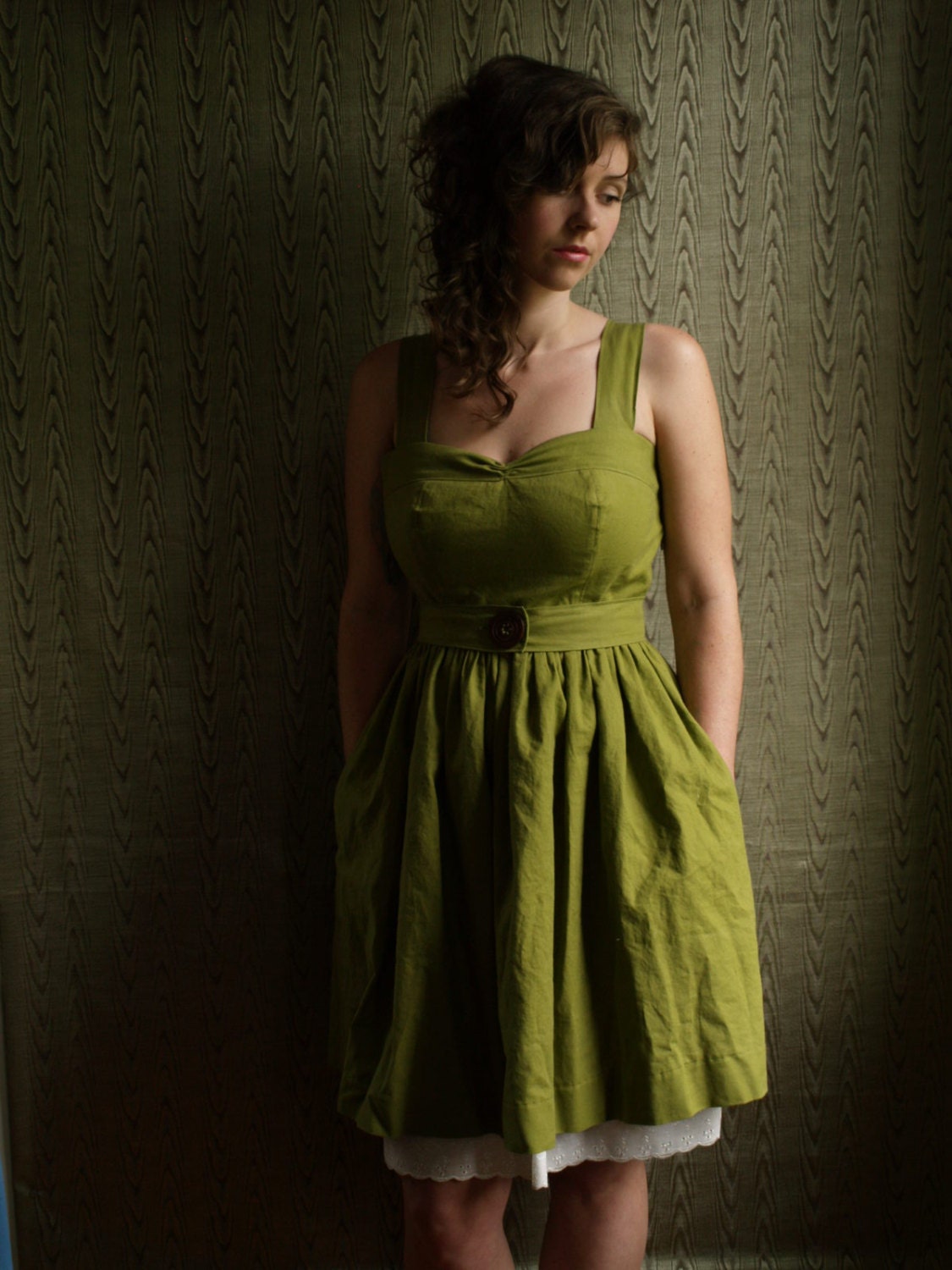 Hand dyed Linen garden dress with sewn in eyelet petticoat, pockets and handmade wooden buttons- made to measure - THREADBEAT