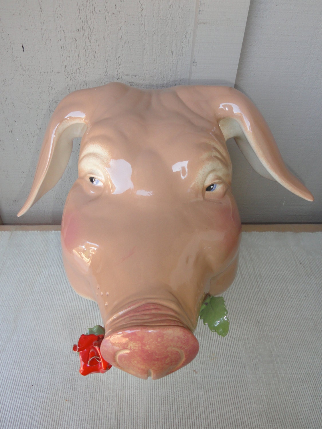 Rare Wonderful Ceramic Pig Head Sculpture with red by thepixelgirl