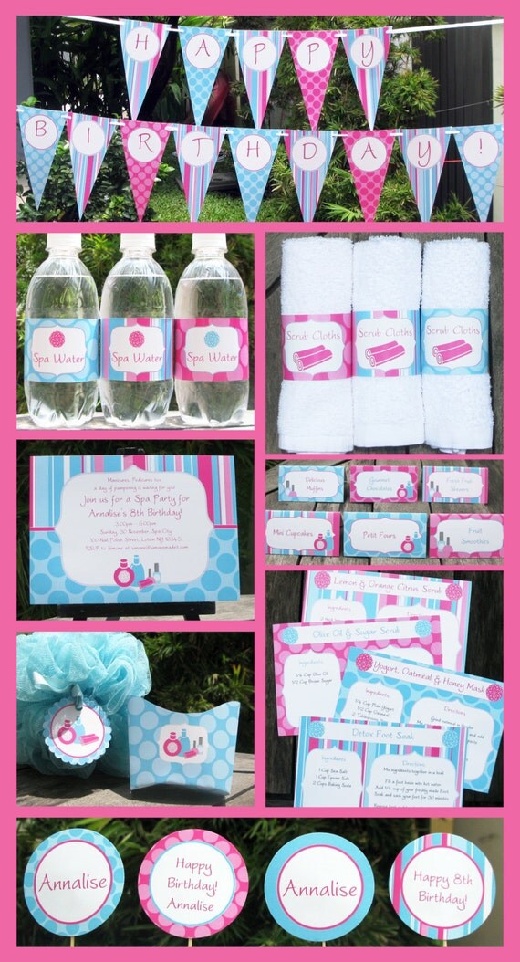Spa Birthday Party - INSTANT DOWNLOAD full Printable Collection + Invitation - EDITABLE text that you personalize with Adobe Reader Il_570xn