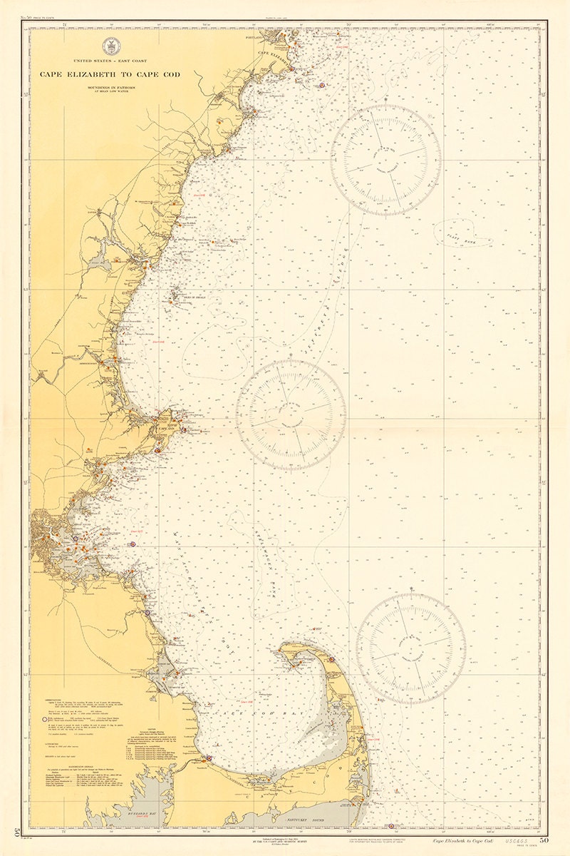 Vintage 1935 Nautical Chart of The New England Coastline - AtomicPhoto