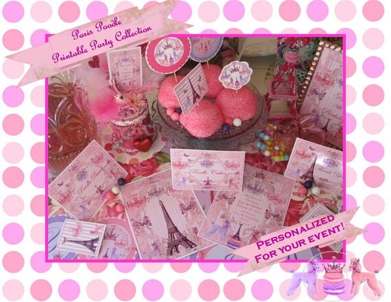 Paris Poodle and Eiffel Tower Party Collection CUSTOM PRINTABLE COLLECTION - Pink and Purple party - Bella Bella Studios Il_570xn