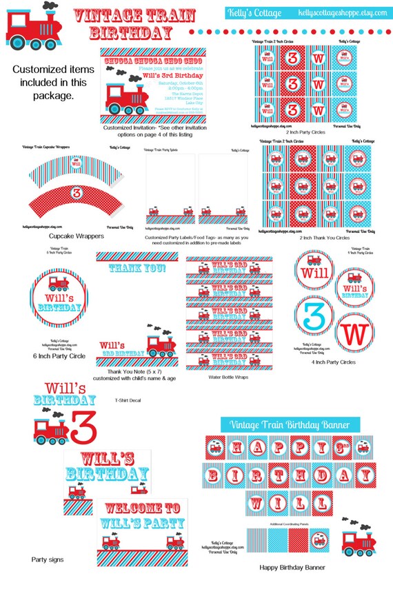 Vintage Train Birthday Party Package...Custom, Printable DIY Package Il_570xn