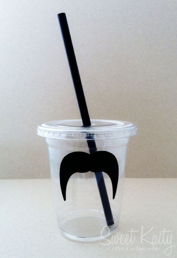 24 Black Mustache Disposable Party Cups, Lids & Plastic Straws - Mustache Bash - Little Man Party - 12 oz or 16 oz Il_570xn