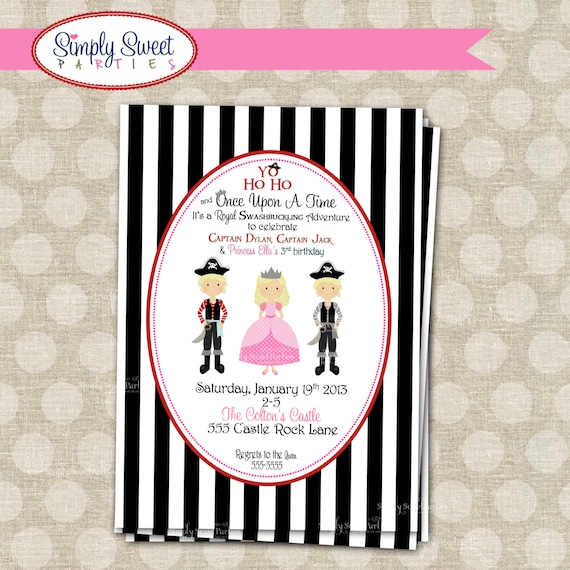Princess and 2 Pirates Birthday Party DIY printable PDF Invitation and cupcake toppers Il_570xn