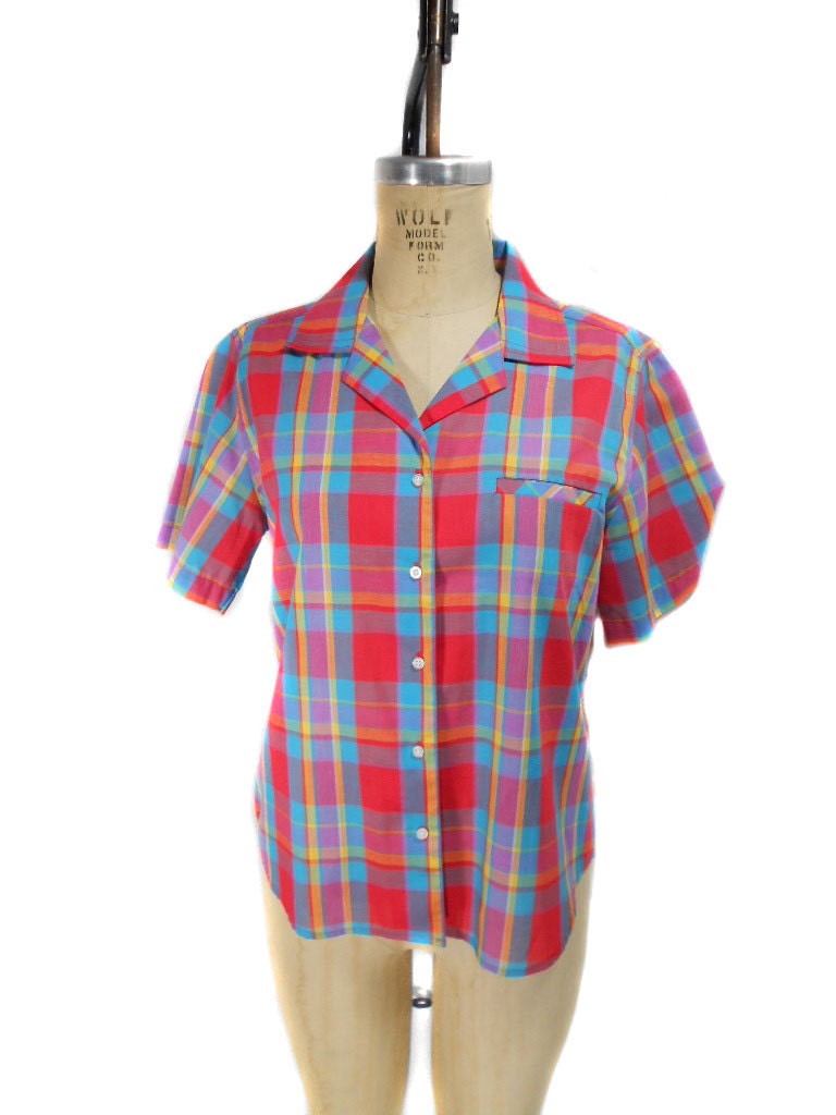 1980s Ship 'n Shore Plaid Blouse - Multi-Color Plaid Button Up Shirt - Collared - Prep Preppy - Size 8