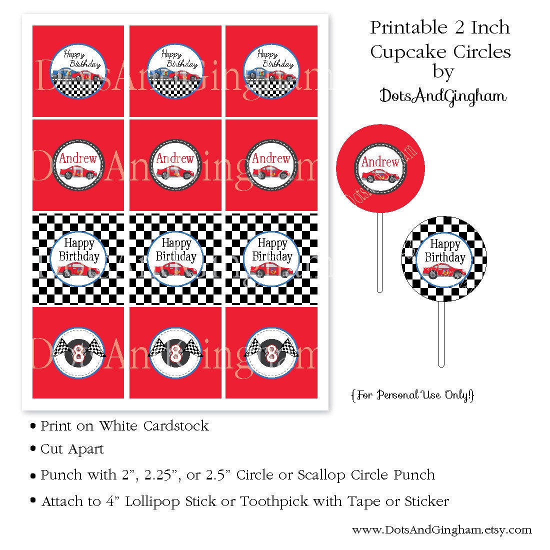 Race Car Cupcake Toppers-Printable Race Car 2 by DotsAndGingham