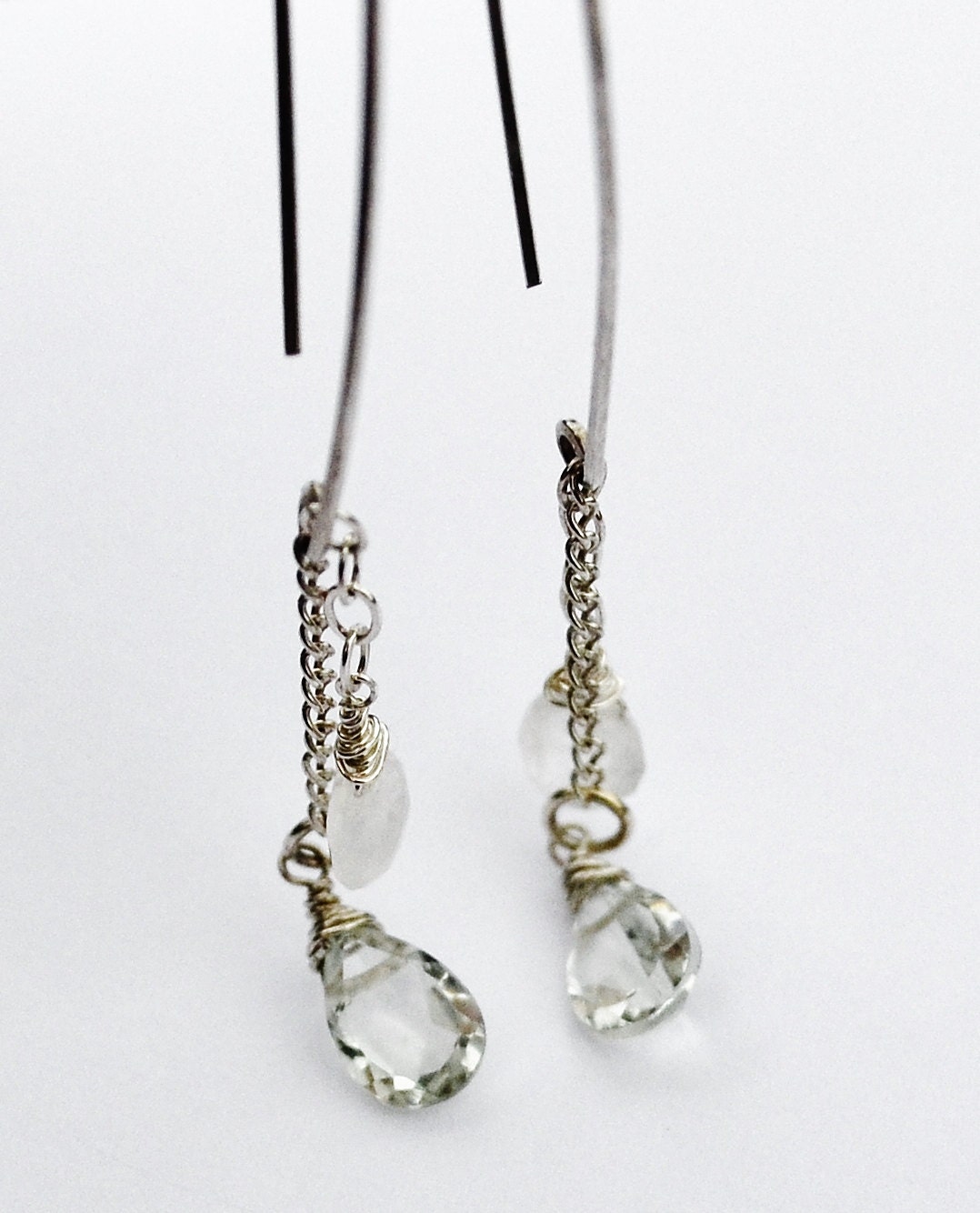 RESERVED for LISA Sterling Silver Dangle Earrings with Green Prasiolite and Moonstone Teardrops
