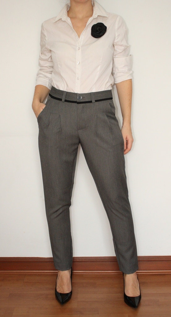 high waisted grey trousers