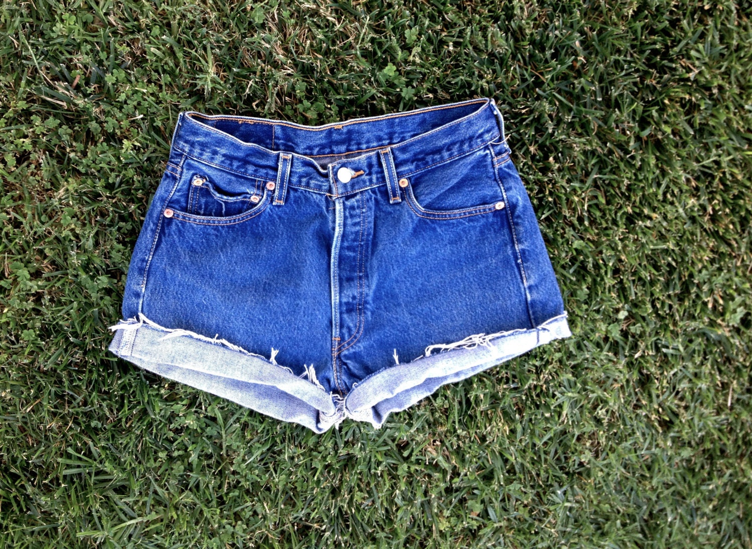 Levi's 501 High Waisted Dark Blue Denim Cutoffs Shorts Button Up Fly Cuffed