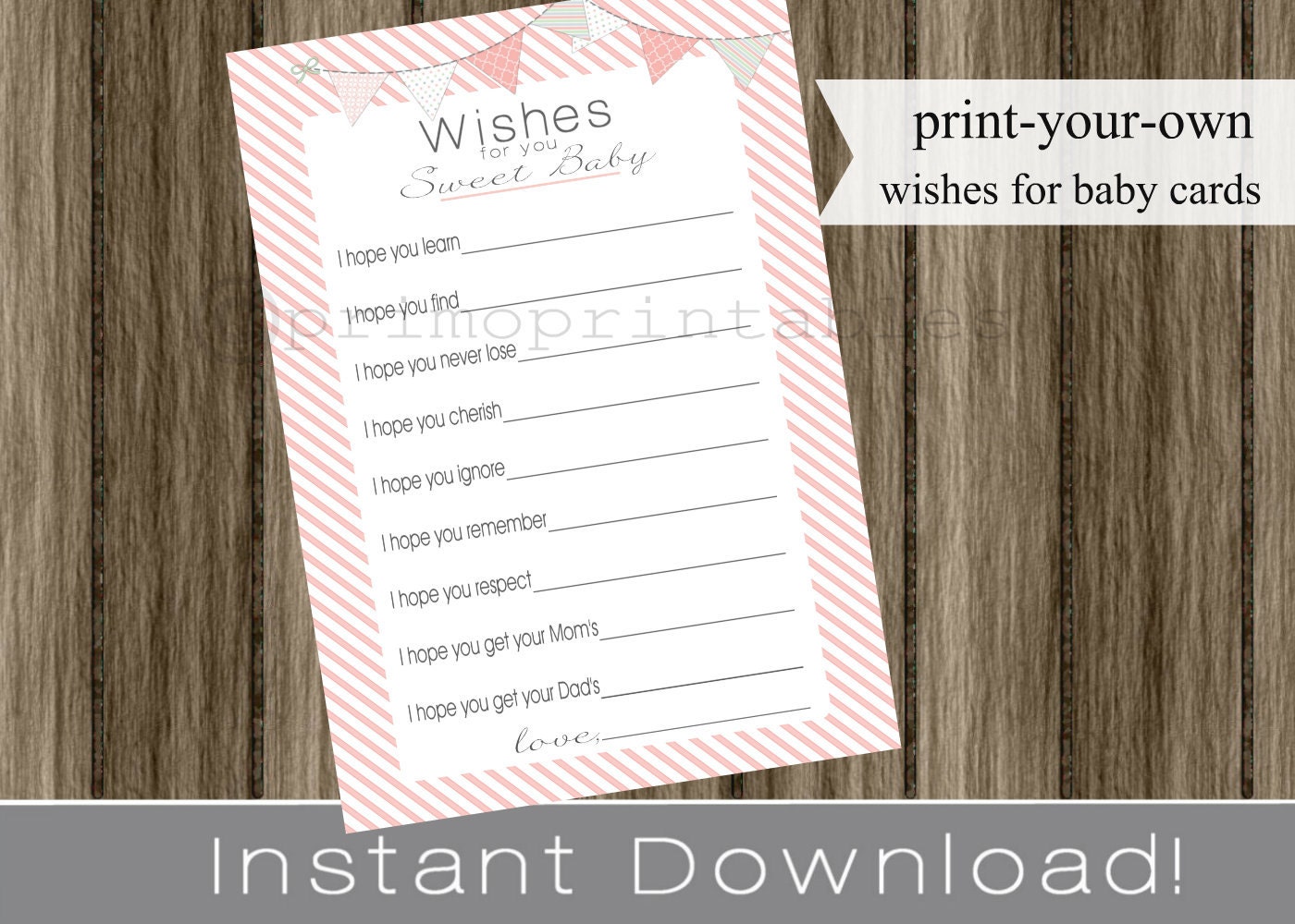 Wishes for Baby girl cards pink INSTANT DOWNLOAD diy digital printable file print your own Il_570xn