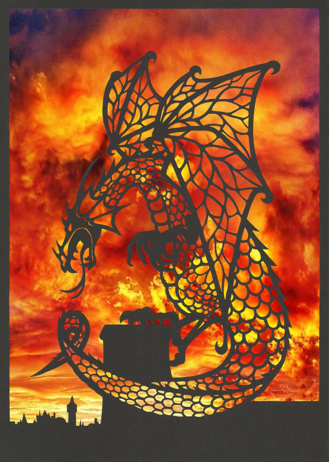 Greeting Card x 4: Fantasy Dragon, A5 size. High quality print of OOAK handmade, hand painted paper cut from original 3D drawing or artwork. - NineFingerJo