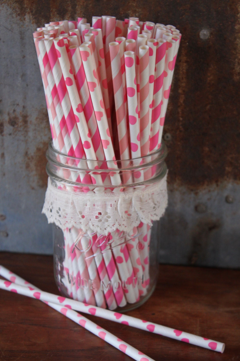 Love Assortment Paper Straws -- Set of 20 -- stripes, dots, hearts -- red and pink Il_570xn