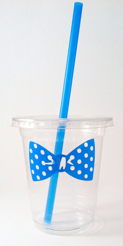 24 Blue Polka Dot Bow Tie Disposable Party Cups, Lids & Plastic Straws - Gender Reveal Party - Little Man Party - 12 oz or 16 oz Il_570xn