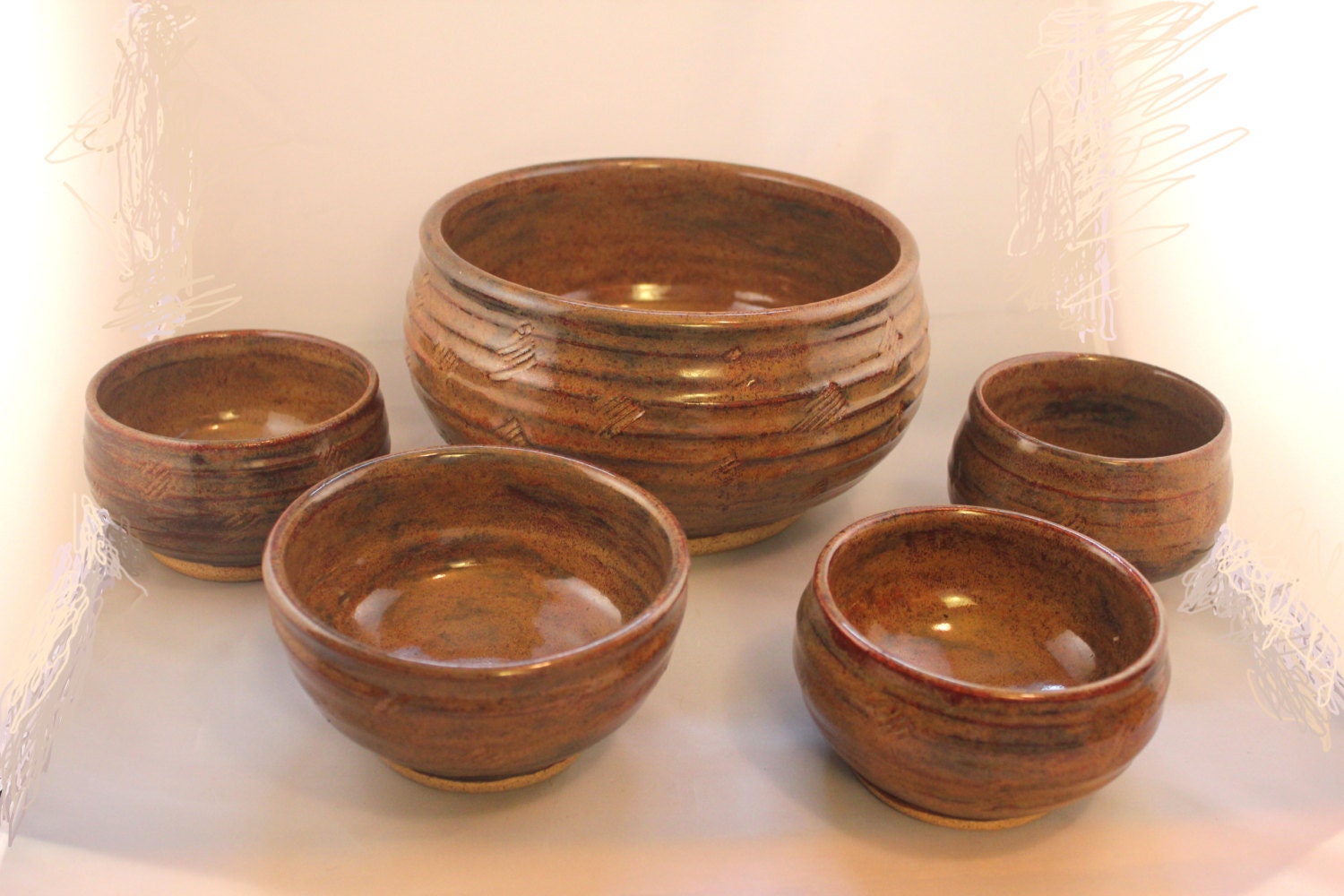 Serving Bowl 5 piece set handthrown pottery rust brown, Pottery Serving Set, Salad Bowl Set, Gift Serving Set - inHIShandsart