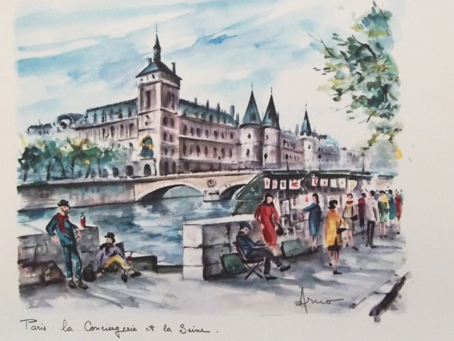 Paris Art Print by Arno Vintage 1950s Watercolor by PopCulturelle