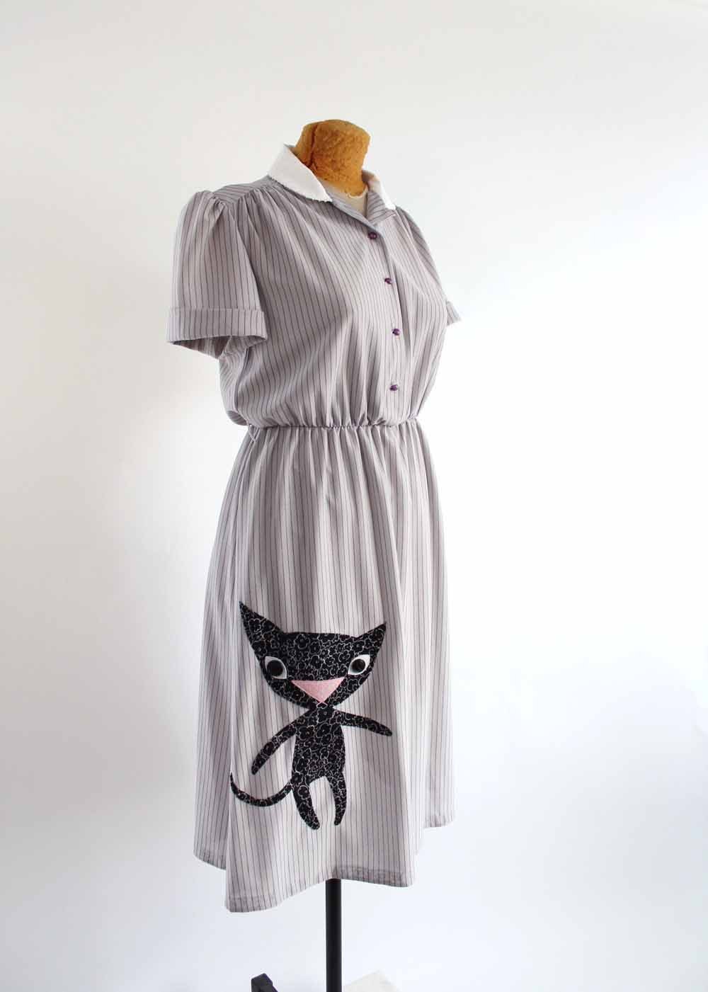 black cat on plum & gray pinstripe dress - applique vintage upcycled clothing - women's petite small / medium dress - business casual