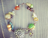 bohemian linen collage bracelet vintage buttons and beads No.5