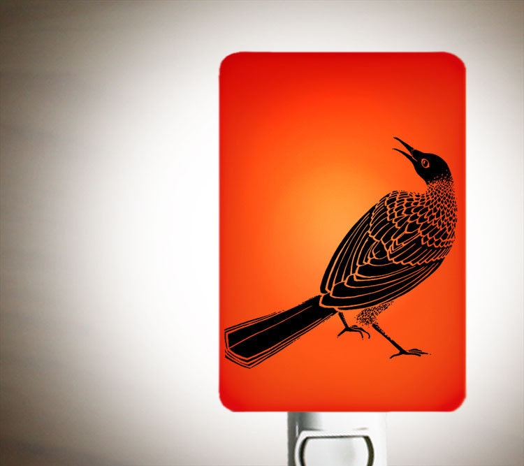 Bowerbird Nightlight on Red Fused Glass Night Light - Gift for Baby Shower or Nature Lover - Beautiful Bird - Red Hot Valentine Colors