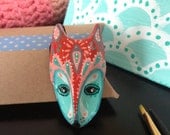 Fox Brooch / Clay Brooch / Pin - OOAK Handmade Animal Gift - Hand cast and Hand Painted - Red Turquoise