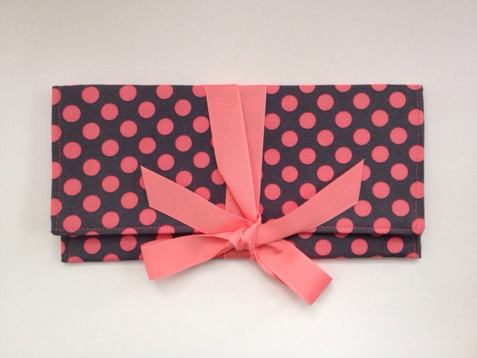 Polka dot ALEXIS clutch in coral and gray