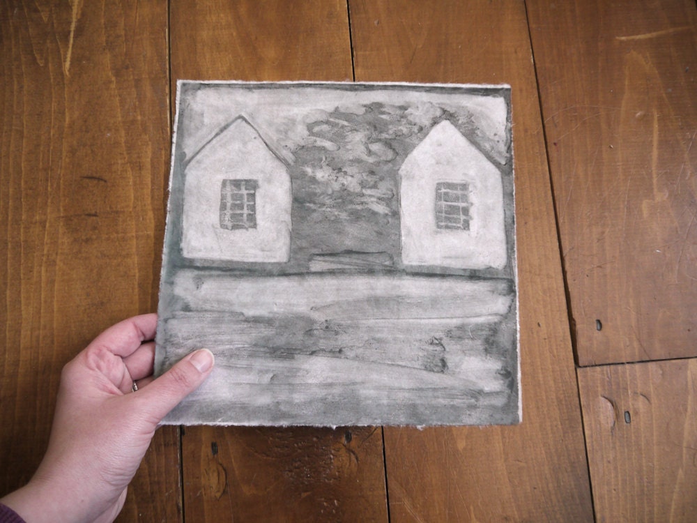 Double III cottages Monotype original print on kozo paper