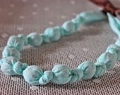 Modern Knotted Fabric Necklace - Light Blue/White Printed Fabric- Brown Grosgrain Ribbon