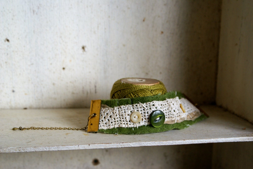 Mixed Media Wool Felt Bracelet with Vintage Crochet Lace, Buttons, and Hand-dyed Silk -- Handmade in Ireland