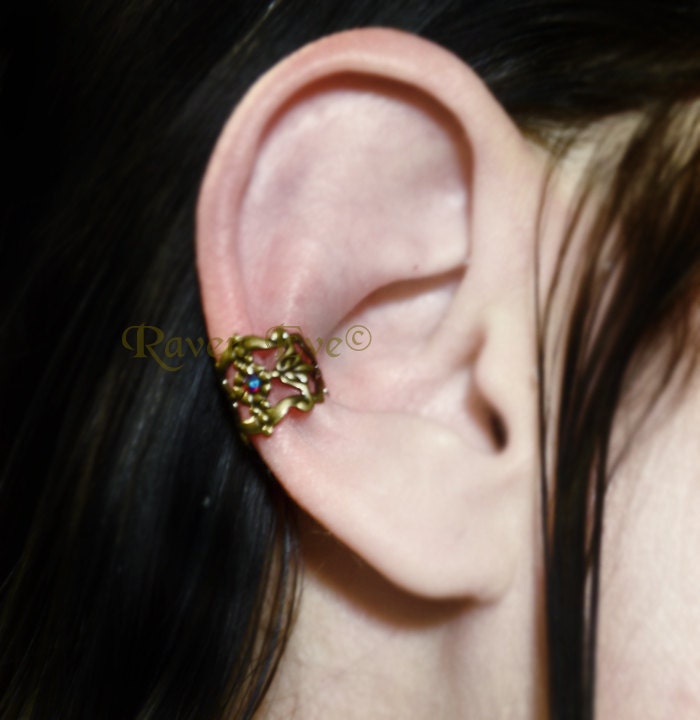 Filigree Ear Cuff Gothic Antique Gold Bronze Tone Earring No Pierce non pierced ONE piece